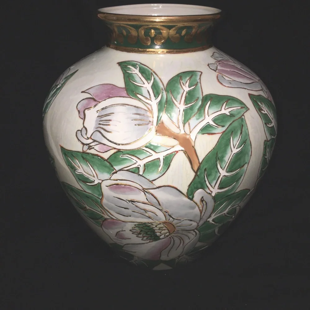 Floral Vase With  Magnolias and Gold Accents Vintage Asian Southern Style Large